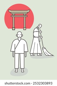 Two Zen Monks Working in the Temple Garden. One is facing the front with his samue work suit. The other behind sweeping. Vector illustration.