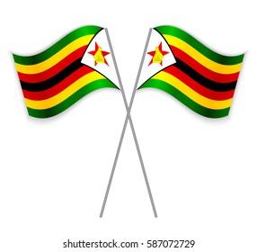 Two Zimbabwean crossed flags. Combined Zimbabwe isolated on white. Language learning, international business or travel concept.