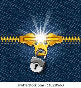 Two zipper closed to each other via a padlock. On denim background. Vector illustration.