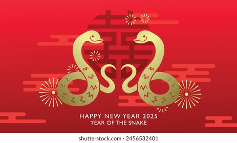 Two zodiac snakes on red background with clouds pattern. Traditional chinese paper cutting style on oriental decorative elements with snake couple.