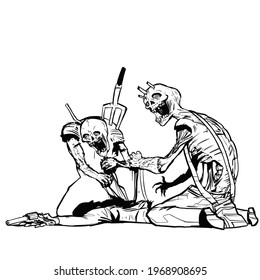 Two zombie eats a man with a gun. Vector illustration