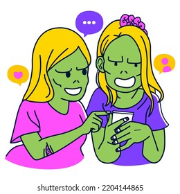 Two Zombie Girl Friends Chatting And Using Smartphone. Women Checking Social Media Gossip Concept