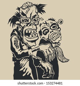 Two zombies. funny characters. linocut style. vector illustration 