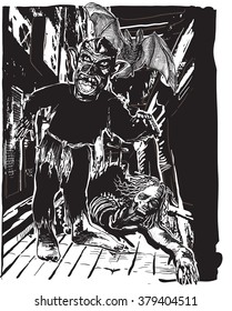 Two Zombies on the Night Street. An hand drawn vector illustration, Freehand drawing, no tracing. Vector drawing in a classical comic style.