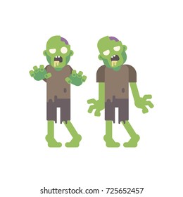 Two zombies walking. Two living dead in torn clothes. Halloween flat character illustration