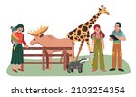 Two zookeepers and happy zoo visitors feeding animals elk giraffe and racoon flat vector illustration