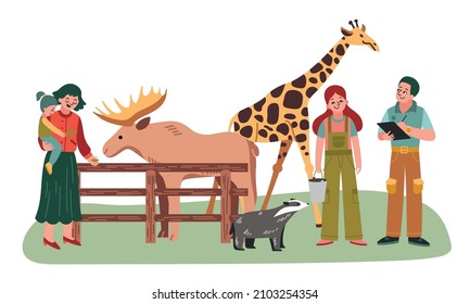 Two zookeepers and happy zoo visitors feeding animals elk giraffe and racoon flat vector illustration