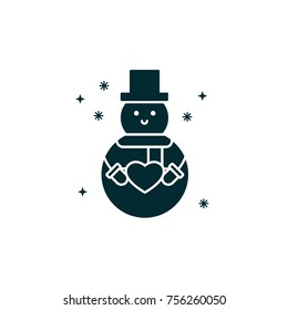 Two-ball Snow Man With Heart In Its Hands, Scarf, Hat And Mittens. Snowman Black Sillhouette On Isolated Background. Christmas Character Vector Illustration In Modern Material Design. 