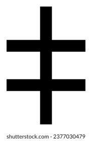 Cruz de dos barras de Lorena, silueta vectorial en blanco y negro ilustra la forma religiosa de la cruz patriarcal cristiana cristiana, aislada sobre fondo blanco