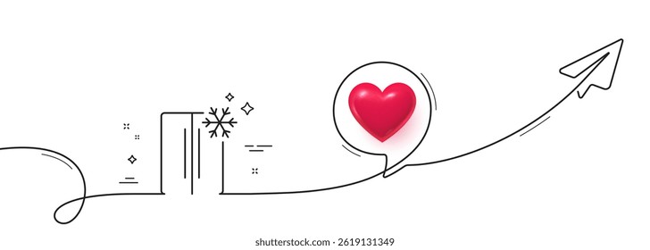 Two-chamber refrigerator line icon. Continuous line with share plane. Fridge with snowflake sign. Freezer storage symbol. 3d heart in speech bubble. Refrigerator single line ribbon. Vector