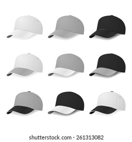 Two-color baseball caps in half-turn with white, gray and black colors. Vector EPS10 illustration. 