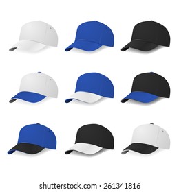 Two-color baseball caps with white, blue and black colors. Vector EPS10 illustration. 