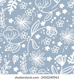 Two-color doodle floral pattern. Design for wallpaper, wrapping paper, background, fabric. Vector seamless pattern with hand drawing flowers. Vector illustration