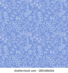 Two-color hand-drawn floral motif. Seamless patterns of ornaments with plants, berries and leaves. Vector illustration. Summer and spring theme