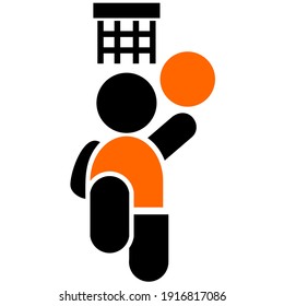 two-color illustration of a human icon during a basketball scene, usually showing a basketball practice site