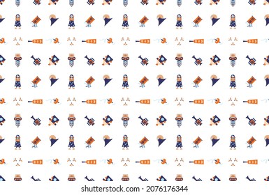 Un patrón de dos colores con iconos de varios elementos de Año Nuevo. Traducción: "suerte" "Año Nuevo"