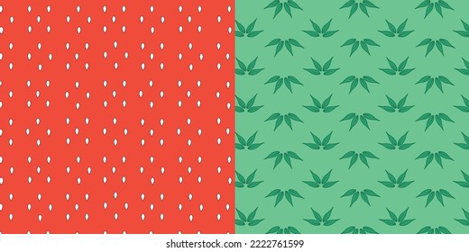 Two-color red and nature green background strawberry vector. Split leaf plant with floral pattern, line art. Seamless pattern with decorative flowers, design for paper, cover, fabric, texture interior