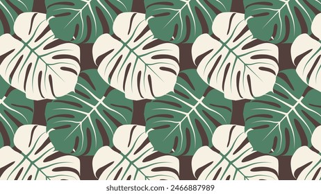 Two-color repeating pattern with monstera leaves on a dark background