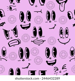 two-color seamless pattern with cartoon facial expression elements, groovy elements and floral decorations, can be used for prints on fabric, wallpaper, digital decoration,