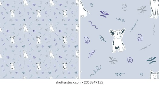 Two-color seamless pattern with dogs, holiday texture with mixed-breed dog in one color, line art style. Seamless navy color pattern with smiling detailed illustrations of dogs and colorful swirls.