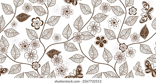 Two-color seamless pattern with hand drawm branches and leaves of cherry blossoms on a transparent background