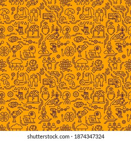 Two-color seamless pattern of modern technologies and devices, robots, bots in linear style. EPS 10. Vector illustration