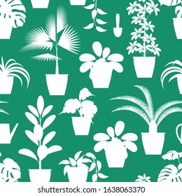 two-color seamless pattern. white silhouettes of different indoor plants on a green background. the silhouette highlights the characteristic features of each plant. vector illustration. EPS 10.