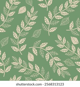 Two-color simple seamless pattern with hand drawm white branches and leaves on a green background