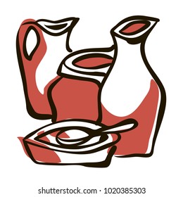 two-color still life, spoon on a plate and two jugs