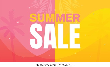 Two-color Summer sale Banner for travel agencies, businesses, and discount advertising. View of the beach from above, sea and sand, tropical plants. Website banner, flyer, or postcard