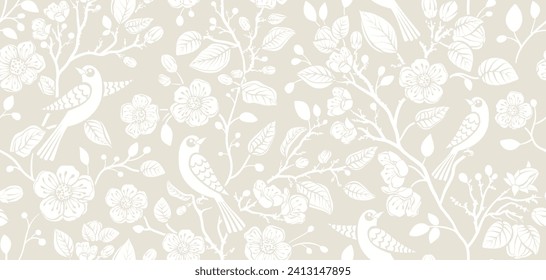 Two-color vector floral pattern with birds. Design for wallpaper, wrapping paper, background, fabric. Vector seamless pattern with decorative climbing flowers