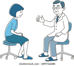 Ilustración vectorial de dos colores de un médico hablando con un paciente