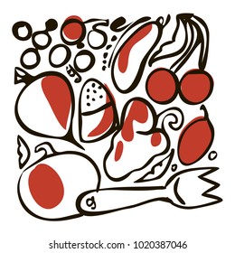 two-color vector still-life apple, cherry, eggplant, beet