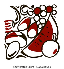 Two-color vector still-life of watermelon, apple, flowers, mushrooms, plums