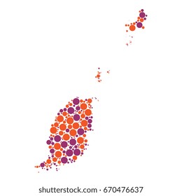 two-colors circles of different diameters in shape of grenada map
