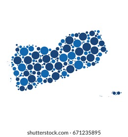 two-colors circles of different diameters in shape of map of yemen isolated on white background