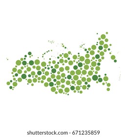 two-colors circles of different sizes isolated on white background in shape of map of russia