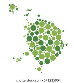 two-colors circles of different sizes isolated on white background in shape of map of moscow