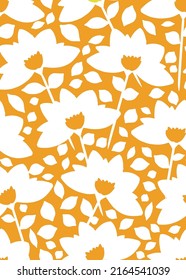 Two-coloured seamless vector pattern with white flowers on a marigold background. For wedding and birthday projects.