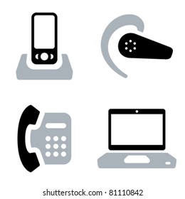 Two-coloured vector icons of communication tools: mobile phone with doc station, headset, office phone and laptop