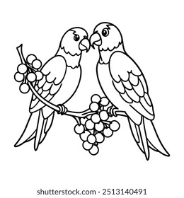 two-cute-parrots-on-a-branch--sharing-a-bunch-of-grapes vector illustration, this is a editable file.