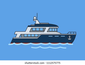 Two-deck ship, double-decker liner. Flat vector illustration. Isolated on blue background.