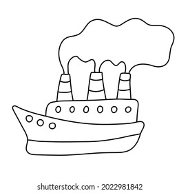 Barco de dos pisos con vapor procedente de las tuberías. Ilustración vectorial dibujada a mano en estilo doodle sobre fondo blanco. Esquema negro aislado. El tema de los barcos marinos y oceánicos. Excelente para los niños coloreando libros