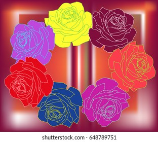 Two-dimensional colored roses. Can be used as congratulation card or background pattern