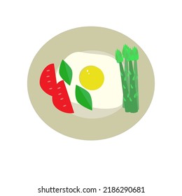 Diseño bidimensional de huevos fritos con verduras servidos en un plato grande. Ilustración 2D - ilustración vectorial. 