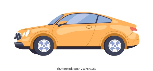 Two-door car, side view. New yellow auto profile. Automobile, modern road transport with wheels. Abstract model. Flat vector illustration isolated on white background