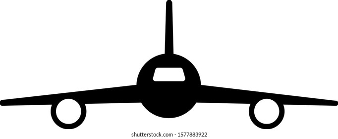 Two-engine jet passenger aircraft. Black silhouette of an airplane on a white background, view from the front.
