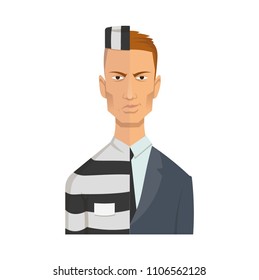 Two-faced corrupt official, businessman. Criminal face of corruption. Flat vector illustration. Flat style. Isolated on white background.