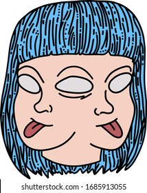 Two-faced girl with a short haircut and bangs. Girl with blue hair shows tongue. Informal appearance. Cartoon colored vector illustration. Separate on a white background.