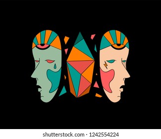 Two-faced head. Space face. T-shirt print. 